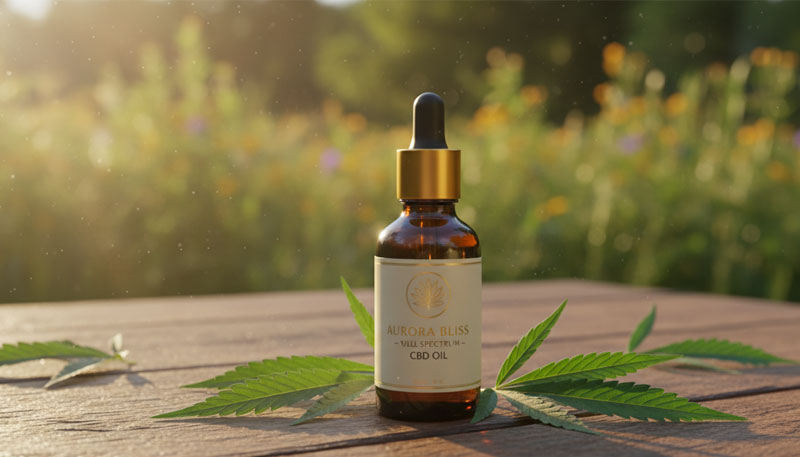 huile de CBD premium dans un environnement naturel lumineux avec feuilles de chanvre