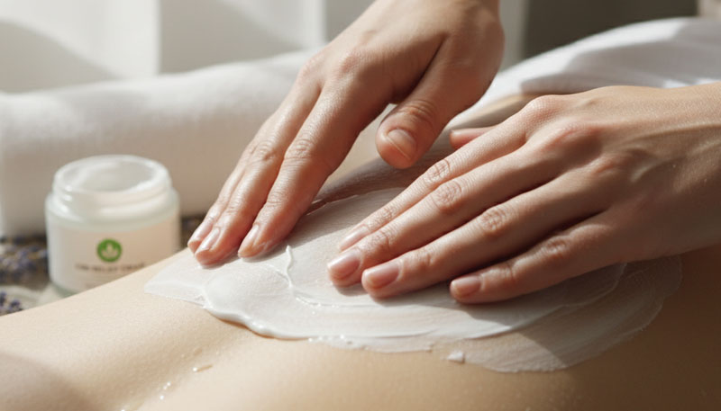 application d’une crème CBD sur le bas du dos pour soulager la douleur
